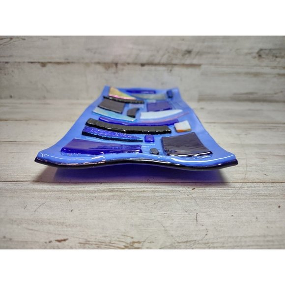 SIGNED Lorraine Art Fused Glass Shimmer Abstract Mosaic Cobalt Wave Trinket Dish - Picture 10 of 14